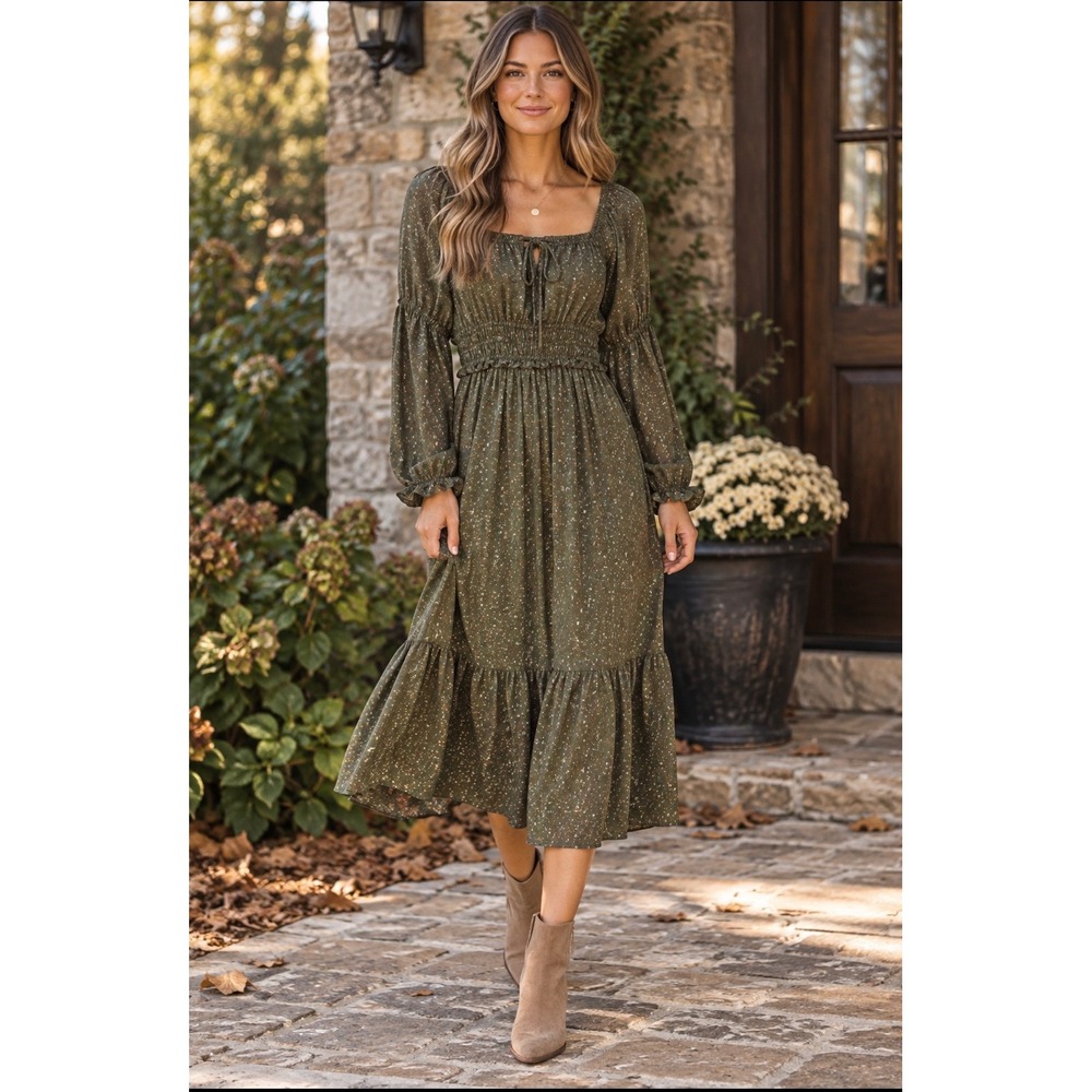Altar'd State Olive Green Floral Smocked Waist Tiered Midi Dress Boho Size M
